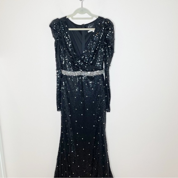 Mac Duggal Sequin Rhinestone Long Sleeve Maxi Formal Dress Gown Black 10736 - Picture 3 of 10